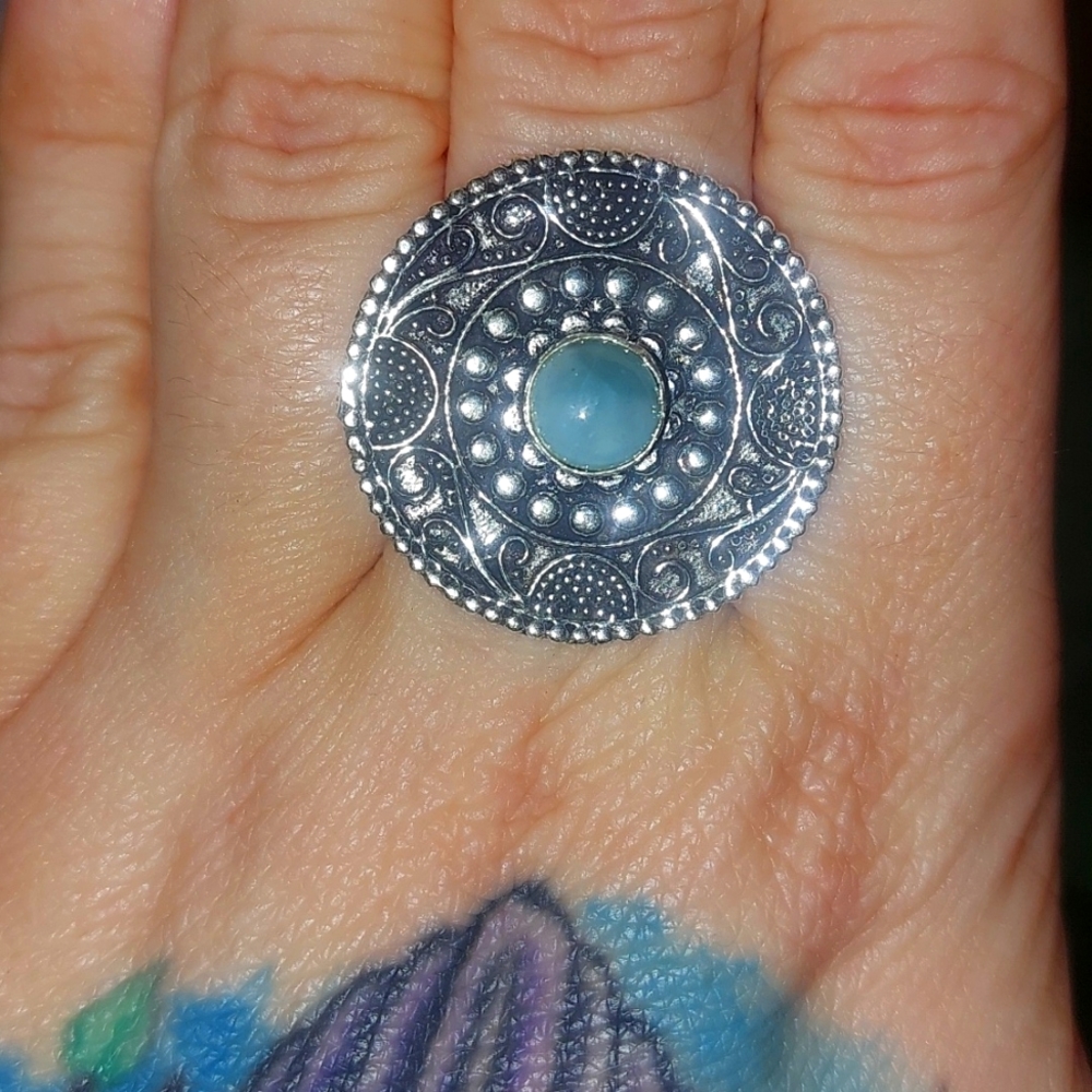 Larimar Mandala Silver Statement Ring Size 8